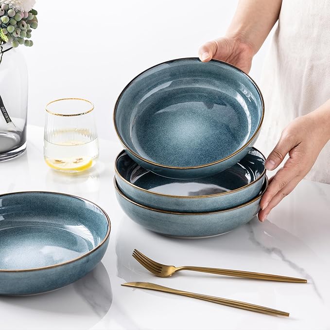 GBHOME 8.75'' Large Ceramic Pasta Bowls, 38oz Stoneware Pasta Serving Bowls Set of 4 for Kitchen, Wide Bowls for Fruit,Pasta,Salad,Oatmeal,Meal, Microwave Safe, Reactive Glaze-Space Blue