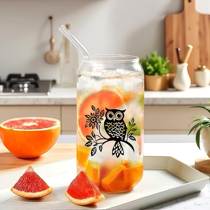 Cute Owl Glass Cup With Lids And Straws, Owl Gift For Women, IIced, Coffee, Smoothie, Cocktail, Beer, Whiskey, Soda, Matcha,16 Oz, Home Office Table Desk Decoration!