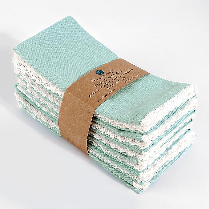 Fingercraft Dinner Cloth Napkin Cotton Linen Set of 12 Mitered Corners with Natural Elegant Lace for Everyday Use Napkins are Pre Shrunk and Good Absorbency with Lace 20x20 in Aqua