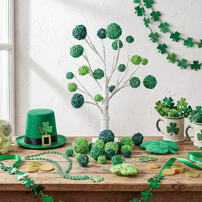 Patelai 36 Pcs Wicker Rattan Balls Decorative Balls for Vase Centerpiece Bowls Orbs Filler for Home Decor,4 Sizes (Dark Green, Grass Green, Fluorescent Green,2.4'',2'',1.6'',1.2'')