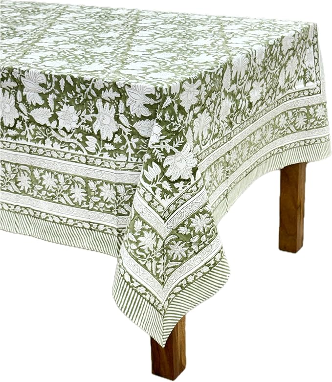 ATOSII Noori Green 100% Cotton Tablecloth, Block Print Rectangle Table Cover for Dining, Parties, Weddings, Outdoors, Holidays, 60 X 108 Inches, 8 Seater I Grandmillennial Preppy Boho Farmhouse Summer