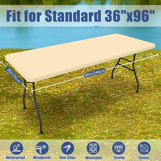 Spandex 8 Foot Rectangle Table Cloth 2 Pack, Elastic Fitted Tablecloths for Picnic, Stretch Washable Patio Table Cover for Outdoor, Camping, Banquet and Parties (Champagne, 36"x96")