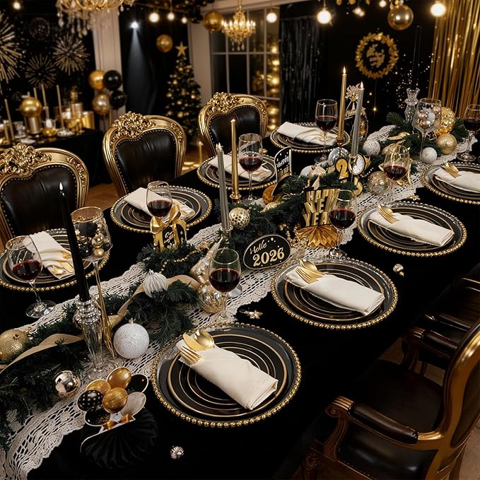 350 Pieces Black and Gold Plastic Plates with Disposable Silverware, Include 50 Dinner Plates 9”, 50 Dessert Plates 6.3”, 50 Black Cups 9 OZ, 50 Pre Rolled Napkins for Birthday Weddding Party