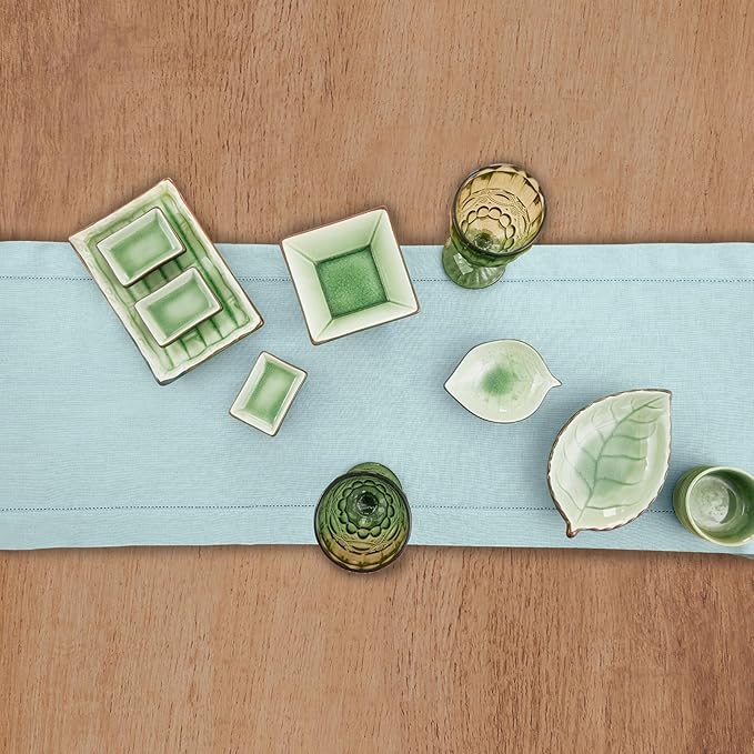 Solino Home Linen Aqua Blue Table Runner 36 Inches - Classic Hemstitch, 100% Pure Linen Coffee Table Runner 14 x 36 Inch Ideal for Dresser Tables - Winter, Spring, Easter