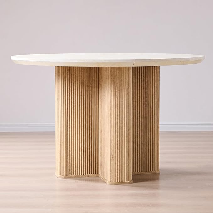 T4TREAM 47" Fluted Round Dining Table for 4-6, Mid-Century Modern Kitchen Table with Thickened Edge & Sturdy Pedestal Base for Kitchen Living Room,Marble & Natural Oak(Table Only)
