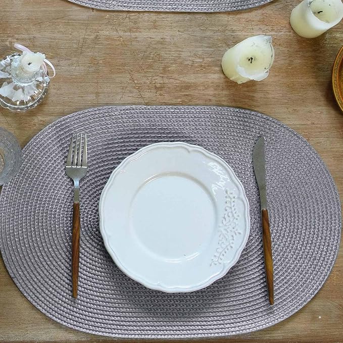 FunWheat Oval Braided Placemats Set of 4 Table Mats for Dining Tables Washable Heat Resistant Place Mats for Indoor Outdoor Use 12 x18 Inch(Oval Light Grey, 4pcs)