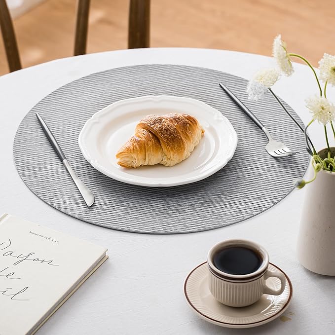 Jovono 15" Faux Leather Big Round Placemats Set of 4 - Washable Heat Resistant Non-Slip Dining Table Mats with Fabric Texture for Kitchen Home Party Decor, Light Gray