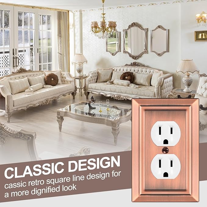 Metal Wall Plate for Electrical Outlets, Decorative Antique Copper Switch Plates Outlet Cover, Light Switch Cover Plate, 1-Gang Wall Plates (Duplex Outlet, 6 Pack)