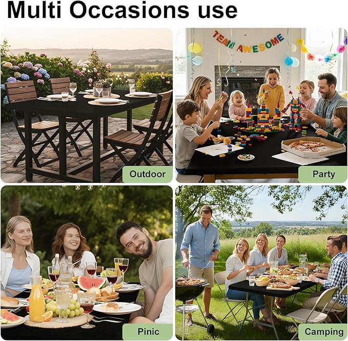 Smiry Rectangle Tablecloth, Elastic Fitted Flannel Backed Vinyl Tablecloths for 4ft Folding Tables, Waterproof Wipeable Table Covers for Indoor, Outdoor, Picnic and Camping (Black, 30"x48")