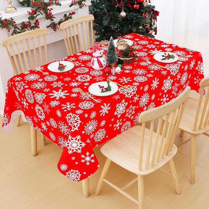 Smiry Christmas Rectangle Table Cloth, Waterproof Vinyl Tablecloth with Flannel Backing, Wipeable Snowflake Plastic Tablecloths for Christmas Table Decorations, (60"x120", Christmas Red)
