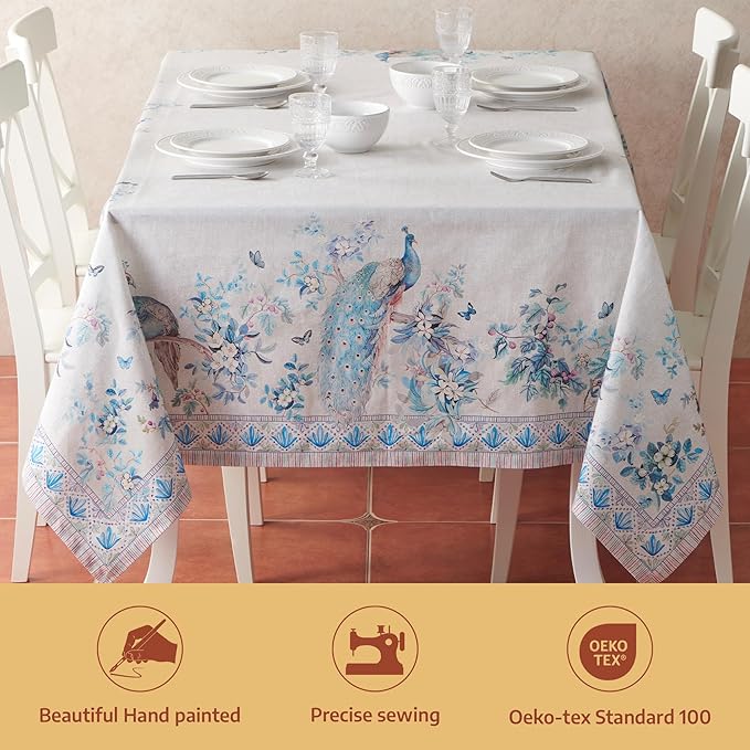 Maison d' Hermine Premium Table Cloth Rectangle Table 100% Combed Cotton 90 x 70 Inches Tablecloth Reusable Decorative for Dining Room, Farmhouse, Party, Festive & Wedding - Peacock Utopia - Orginal
