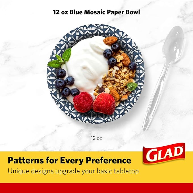 Glad Disposable Paper Bowls With Blue Mosaic Design, 16 Ounces, Soak Proof, Cut-proof, Microwaveable, 300 Count
