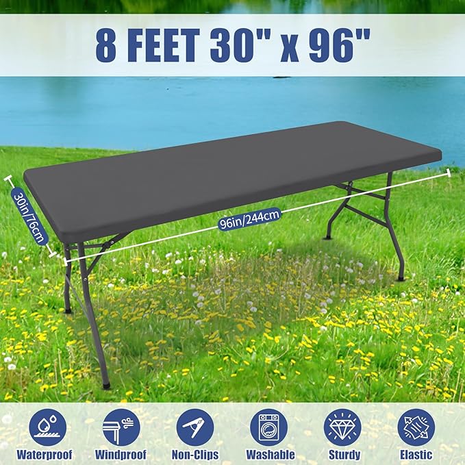 Spandex 8 Foot Rectangle Table Cloth 2 Pack, Elastic Fitted Tablecloths for Picnic, Stretch Washable Patio Table Cover for Outdoor, Camping, Banquet and Parties (Dark Grey, 30"x96")