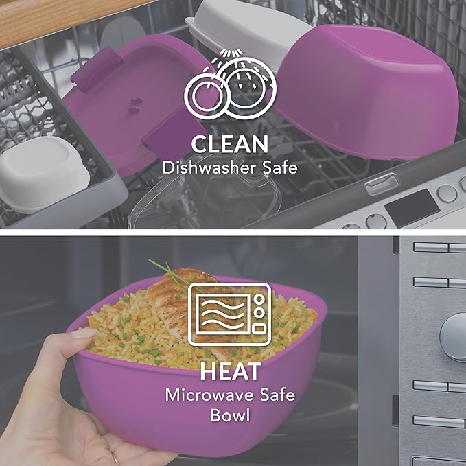 Bentgo Salad Container - 54 oz Bowl with 4-Compartment Toppings Tray, Leak-Proof Dressing Container, Reusable Fork, BPA-Free Lunch Box for Meal Prep & Food Storage; Removable Bento Tray (Purple)