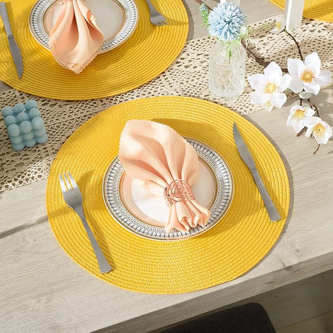 AHHFSMEI Round Braided Placemats 15 Inch Round Table Mats for Dining Tables Natural Woven Heat Resistant Place mats Set of 8 (Yellow,8)