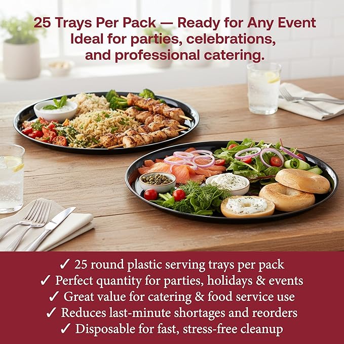 Smarty Had A Party 18 Inch Black Round Plastic Serving Tray – Elegant Large Plastic Serving Trays for Parties, Catering & Buffets, Heavy-Duty Disposable Black Serving Platters – 25-Pack