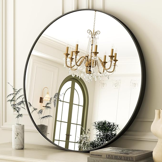 36 Inch Round Bathroom Mirror - Black Wall Mounted Circle Mirror with Metal Frame, Modern Round Hanging Mirror Suitable for Bathroom, Vanity, Entryway, Living Room