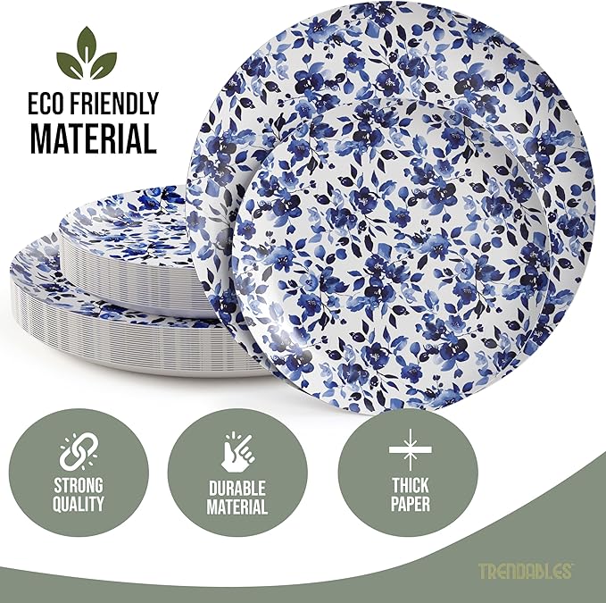Trendables Heavy Duty Paper Plates Set For 16 Guests - 16 Each Of 8-inch And 10-inch Disposable Plates For Party - Fancy 32 Piece Dinnerware Set For All Occasions | Floral Design, Bluebelle
