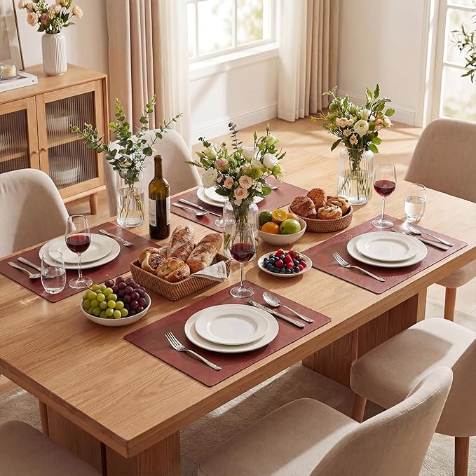 Artoid Mode Red Faux Leather Placemats Set of 6, 12x18 Inch Waterproof Wipeable Heat Resistant Vinyl Place Mats, Reversible Table Mats for Christmas Kitchen Dining Decor