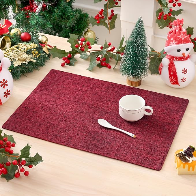 homing Cotton Linen Placemats Set of 6, Cloth Washable Farmhouse Dining Table Mats for Indoors & Outdoors, Easy to Clean, Red, 13 x 19 Inch