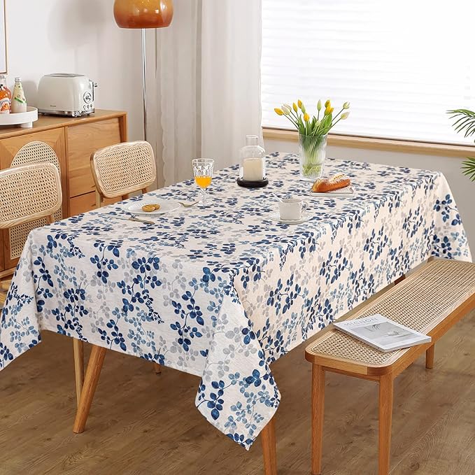 MYSKY HOME Floral Print Rectangle Tablecloth - Waterproof Linen Farmhouse Tablecloth for 8 Feet Table, 60 x 120 Inches, Blue
