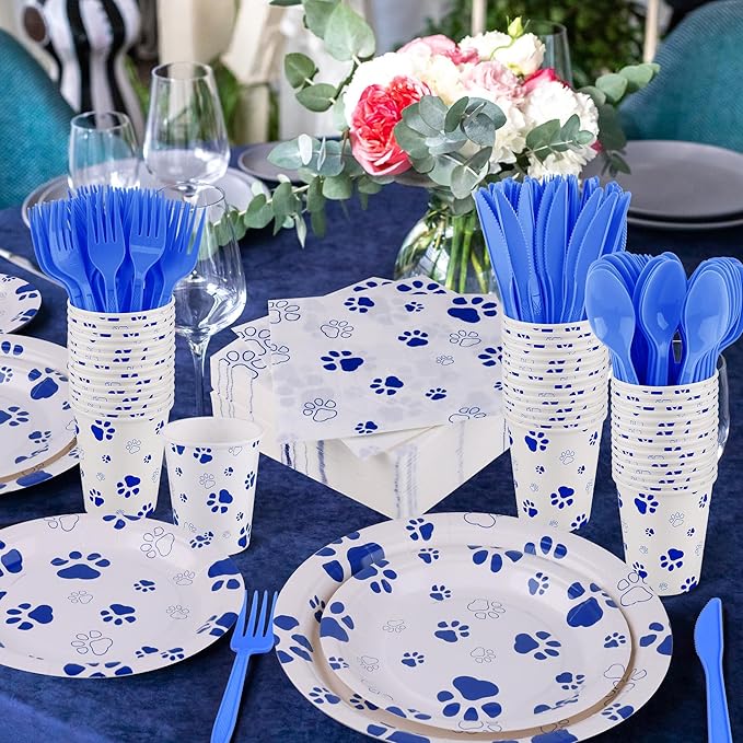 Kochorie 400 Pieces Blue Paw Disposable Party Tableware Sets Dog Puppy Supplies Including Plates Cups Napkins Cutlery Serves 50 for Birthday Puppy Theme Party Decorations