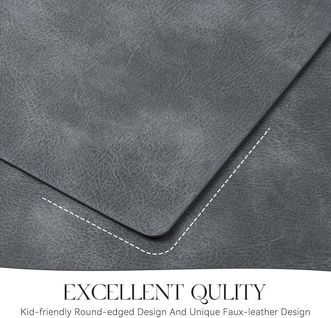 MOSAYT Vinyl Placemats Set of 6-12 X 17 Inch - Faux Leather 100% Waterproof Oil-Proof Wipeable PU Place Mats, Heat Resistant Reversible Table Mats for Kitchen, Dining, Outdoor (Grey)