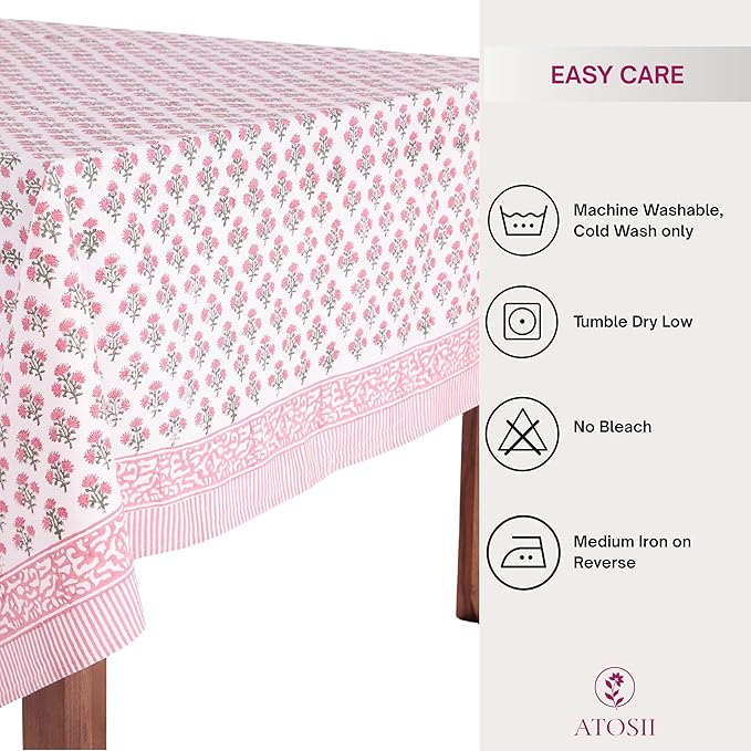 ATOSII Gulbahar White Pink 100% Cotton Fall Rectangle Tablecloth, Handblock Print Floral Table Cloth for Kitchen Dining Linen I Thanksgiving Christmas Weddings Outdoors I 72 X 108 Inches I 8 Seater