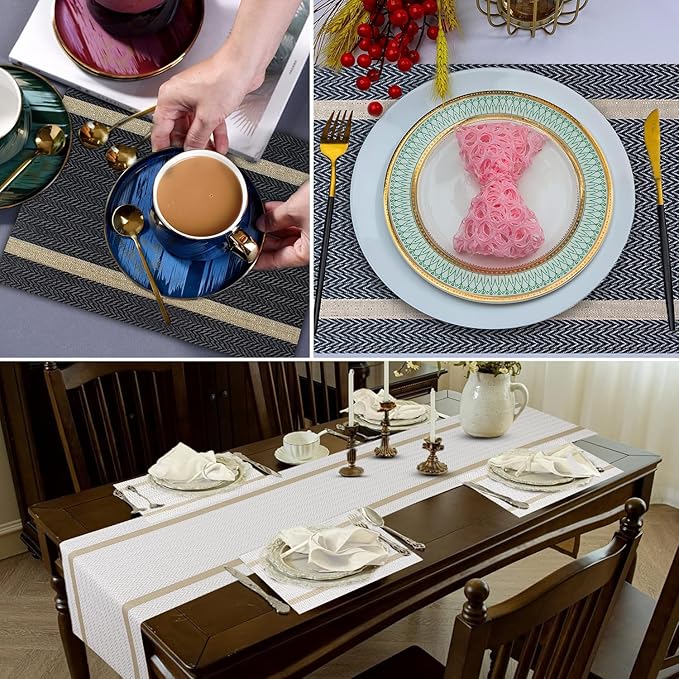 FAVE Placemats Set of 6 White Placemats Woven with Golden Thread Durable and Wipeable Vinyl Placemat Set of 6 for Wedding, Banquet, Birthday, Party, Restaurant Decorations(White)