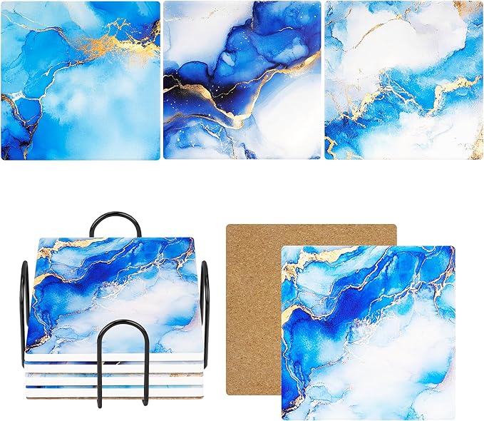 Blue Absorbent Ceramic Coasters for Drinks with Black Holder and Cork Base Set of 4, Square Decorative Coffee Table Decor for House Warming Gifts New Home