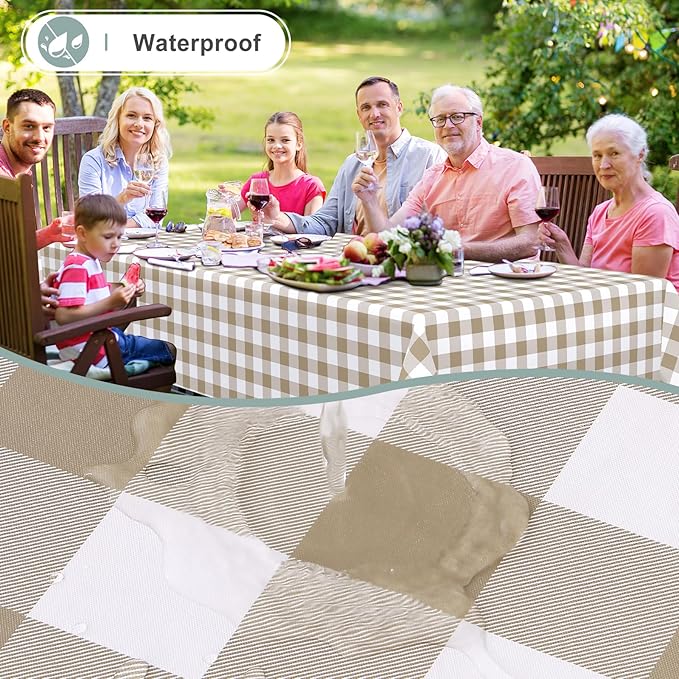 misaya Rectangle Waterproof Vinyl Table Cloth, Buffalo Flannel Backed Tablecloth, Wipeable Plastic Table Cover for Dinner, Kitchen, Outdoor (54" x 78", Khaki and White)