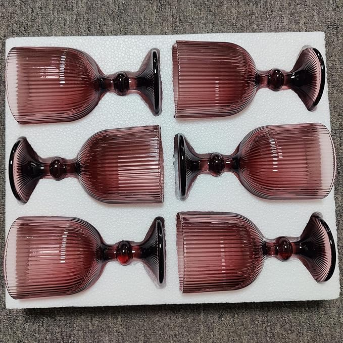 Purple Glasses Drinking Water Goblets set of 6 Colored Wine Glasses 13oz Pink Vintage Glassware for Wedding Party Bar Vertical Line Embossed Pattern Stemmed Cups 400ml