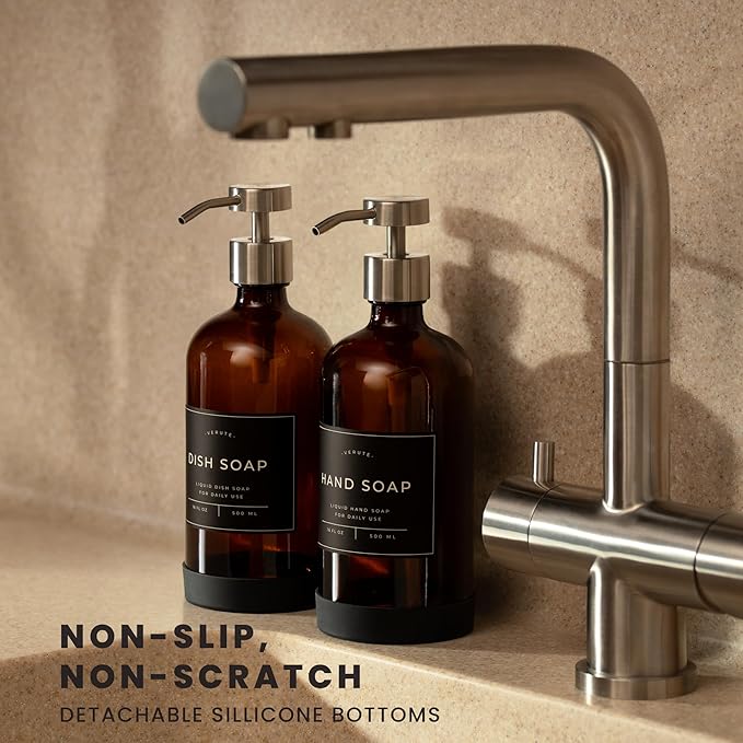 Hand and Dish Soap Dispenser for Kitchen and Bathroom, Set of 2 16 Oz Glass Bottles, Stainless Steel Pumps, Non-Slip Silicone Base, 27 Waterproof Labels (Amber Bottle/Brushed Silver Pump)