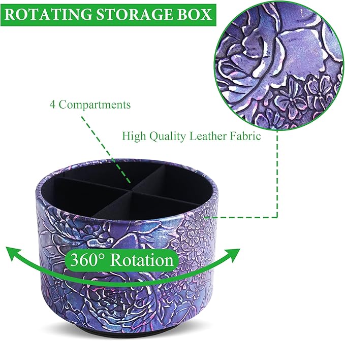 Round Leather Art Supply Organizer,Remote Control Holder,360 Degree Spinning,Multi-Functional Pencil Holder,4 Compartments Desktop Stationary Organizer(1-Rich Flower Purple)