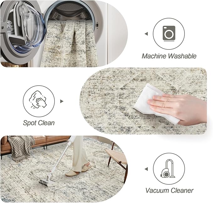 Washable Area Rug 8x10, Large Soft Rugs for Living Room Vintage 8x10 Area Rugs for Bedroom Dining Room Non-Slip Stain Resistant Under Table Blue Ivory Rug