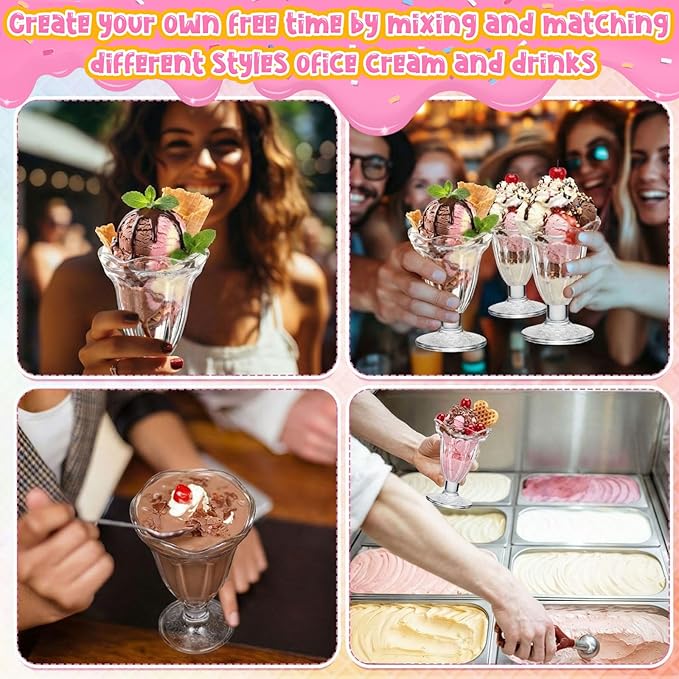12 Pcs Glass Dessert Cups Set, 6.8 oz Clear Tulip Sundae Cups with Long Handle Spoons, Footed Parfait Trifle Glasses for Valentine's Dessert, Date Night Fruit Cocktail