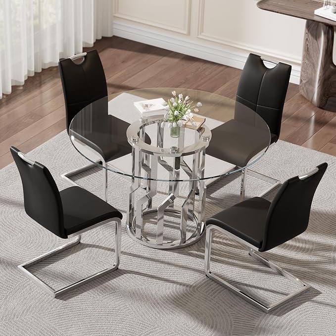 47.2" Round Glass Dining Table Set for 4, Modern 5 Piece Kitchen Table Set with Silver Stainless Steel Base & 4 PU Leather Accent Chairs, Saving Space, Dining Set for Apartment, Home - Black Chair