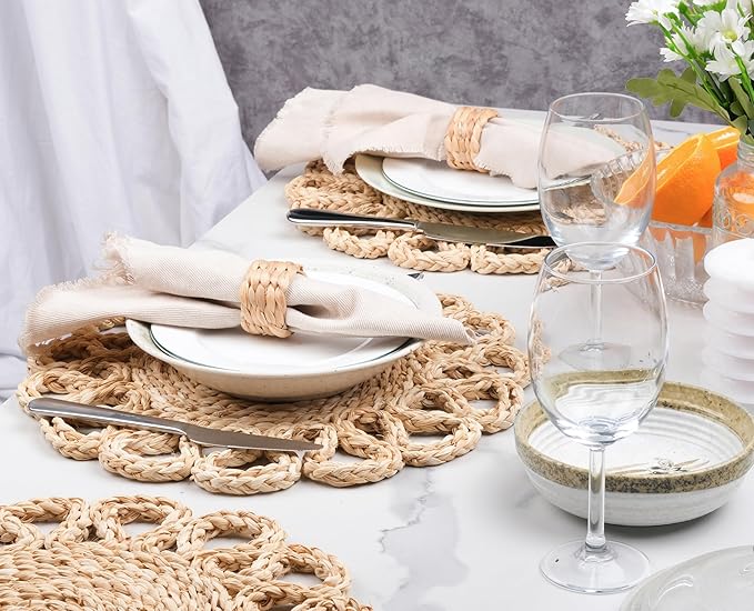 13.8" Corn Husk Woven Round Placemats Set of 8 - Wicker Boho Farmhouse Placemats - Rattan Table Mats Like Water Hyacinth for Dining Table, Wedding, Home