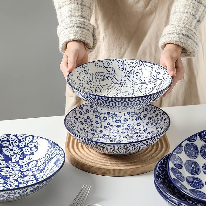 Selamica Porcelain 40oz Large Bowls 9 inch Big Pasta Salad Bowls, Microwave and Oven Safe, Vintage Blue, Set of 6