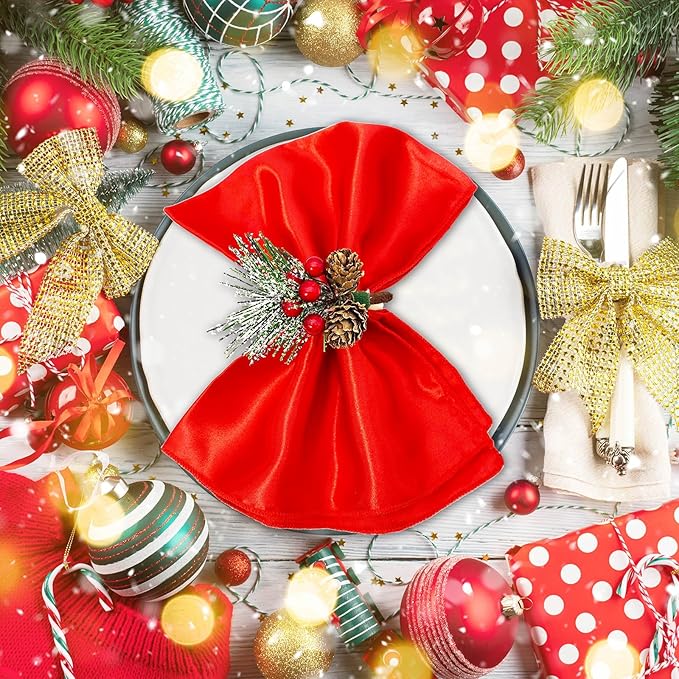 WINGFISH Christmas Napkin Rings Set of 12 Snowy Pine Cone Poinsettia Red Berry Wooden Napkin Rings Christmas Napkin Holders Decor for Xmas Holiday Party Gathering Dinner