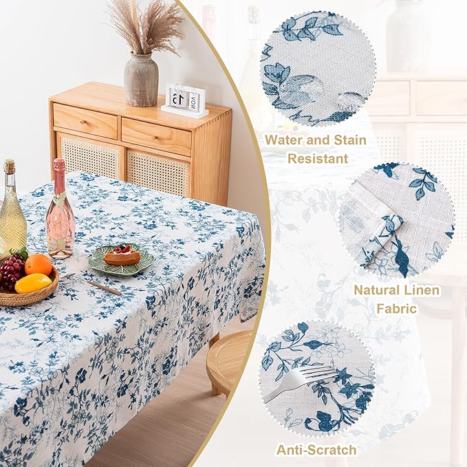 H.VERSAILTEX Linen Table Cloths Floral Printed Tablecloth Spill-Proof Waterproof Table Cover for Dining Buffet Feature Soft and Thick Fabric Wrinkle Free, 60 x 60 Inch, Retro Floral - Stone Blue