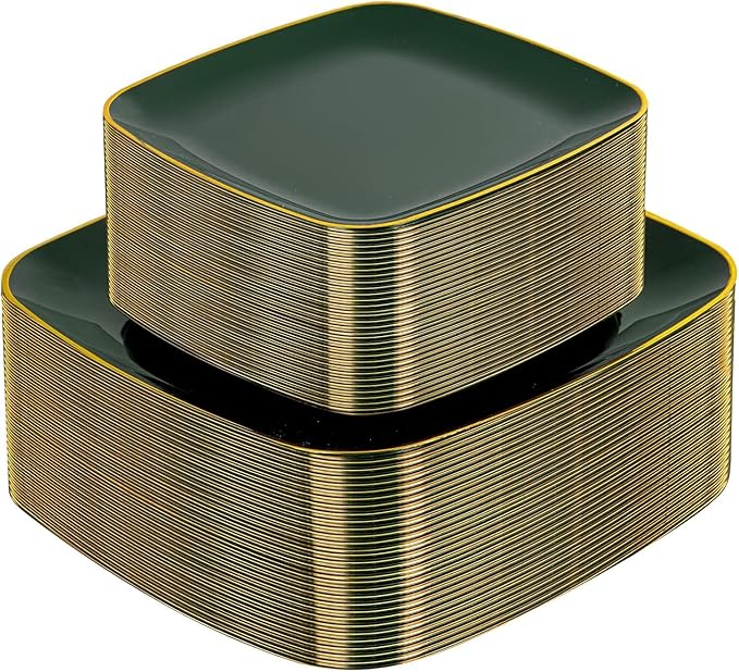 bUCLA 100PCS Green and Gold Plastic Plates - Heavy Duty Square Green Disposable - Include 50 Dinner & 50 Dessert Plates for Party & Christmas