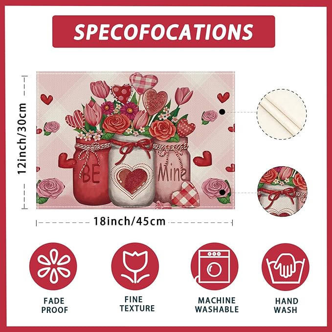 XCHI Roses Flowers Love Hearts Vase Valentine’s Day Placemats Set of 6 Table Mats for Party Home Kitchen Dining Table Decorations 12x18 Inch