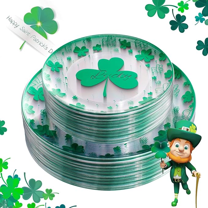 U-QE 60PCS St Patricks Day Plates - Clear and Green Disposable Plates - Premium Hard Green Plastic Plate Including 30 Dinner Plate 10.25'' & 30 Dessert Plate 7.5 '' Perfect for St. Patrick’s Day