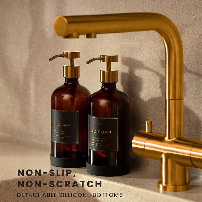 Hand and Dish Soap Dispenser for Kitchen and Bathroom, Set of 2 16 Oz Glass Bottles, Stainless Steel Pumps, Non-Slip Silicone Base, 27 Waterproof Labels (Amber Bottle/Brushed Gold Pump)