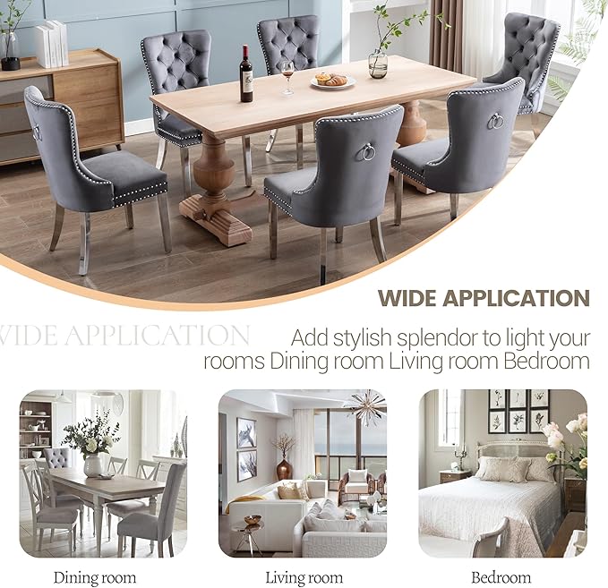 KCC Velvet Dining Chairs Set of 4, Upholstered High-end Tufted Dining Chair with Nailhead Back Ring Pull Trim Stainless Steel Legs, Contemporary Nikki Collection Modern Style for Kitchen, Dark Gray