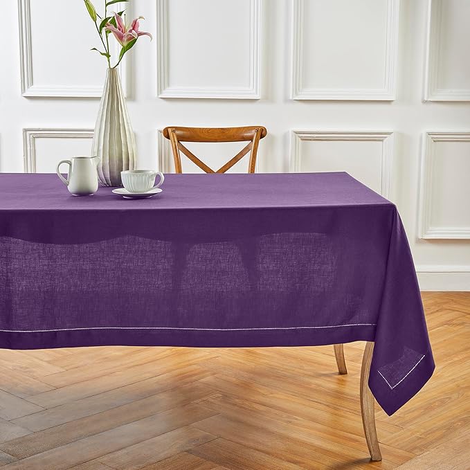 Solino Home Linen Tablecloth for Rectangle Tables 60 x 90 Inch - Classic Hemstitch 100% Pure Linen Purple Table Cloth - Machine Washable Cloth Tablecloth for Valentines, Spring, Easter