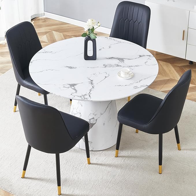 Round Dining Table Set for 4, 45" Modern Faux Marble Kitchen Table and Upholstered Chairs, 5 Piece Small Circle Dinette Set for Dining Room, Kitchen (White Set)
