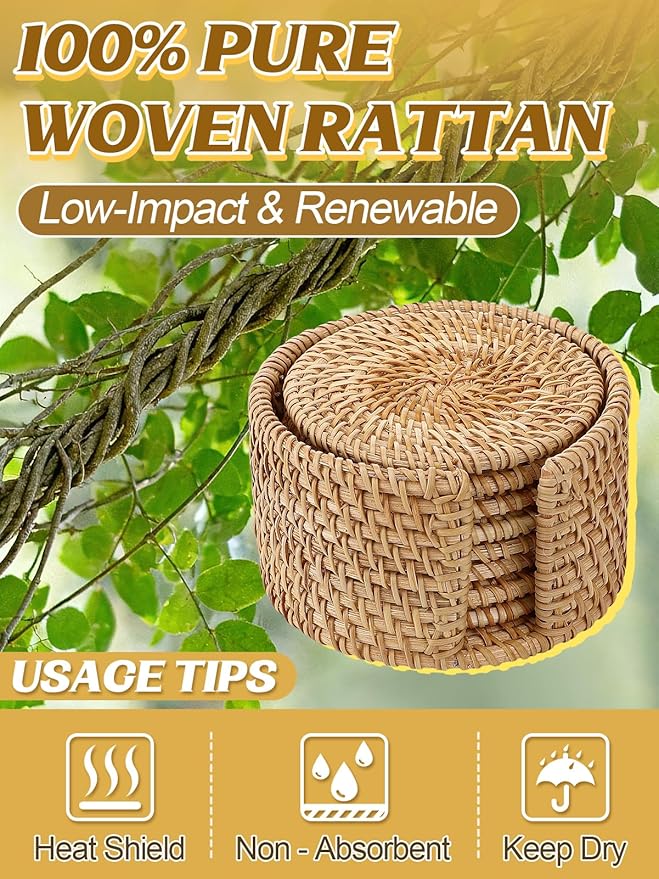 8pcs Natural Handmade Rattan Coasters with Holder - Wicker Drink Coasters Set for Protecting Table, Housewarming Gifts Boho Fall Home Décor