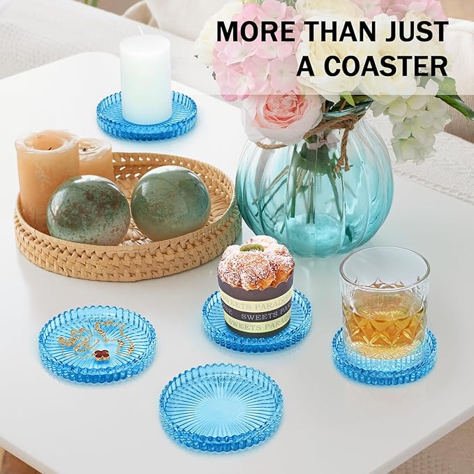 Modern Glass Coasters, GOH DODD Set of 6 Crystal Coasters Tabletop Protection for Drinks, Home Decor, Kitchen, Living Room, Patio, Wedding, Party, Housewarming Gifts, Clear Blue